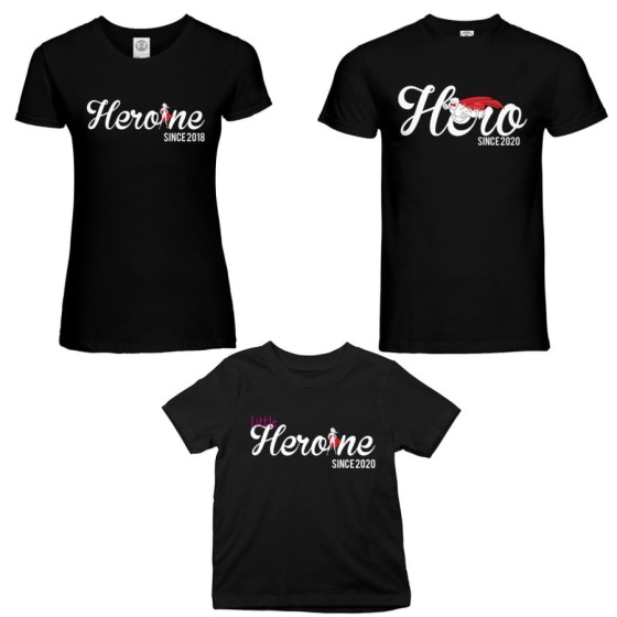 Tris t-shirt adulti bambino personalizzato con anno hero since heroine since little heroine since Per la famiglia 2