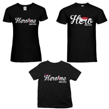 Tris t-shirt adulti bambino personalizzato con anno hero since heroine since little heroine since Per la famiglia