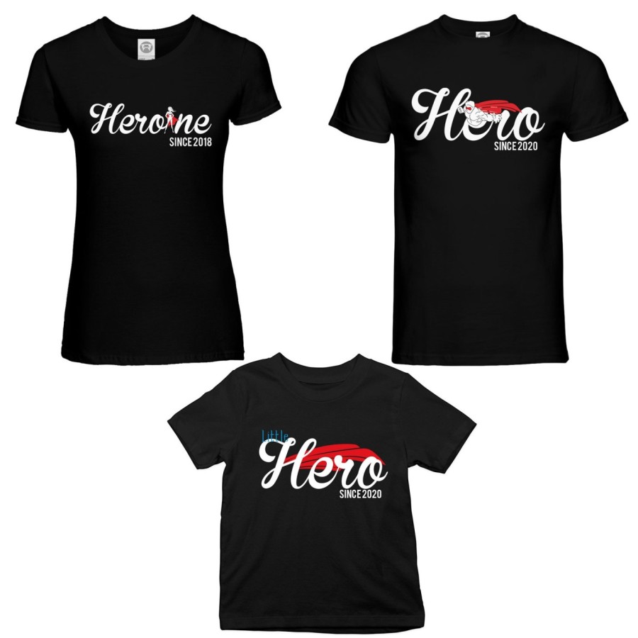 Tris t-shirt adulti bambino personalizzato con anno hero since heroine since little hero since Per la famiglia