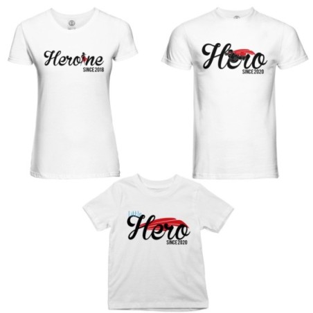 Tris t-shirt adulti bambino personalizzato con anno hero since heroine since little hero since Per la famiglia