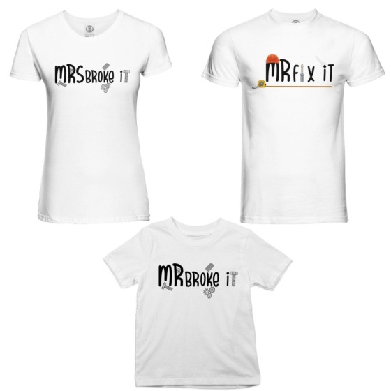 Tris t-shirt adulti bambino mr fix it mr broke it mrs broke it Per la famiglia