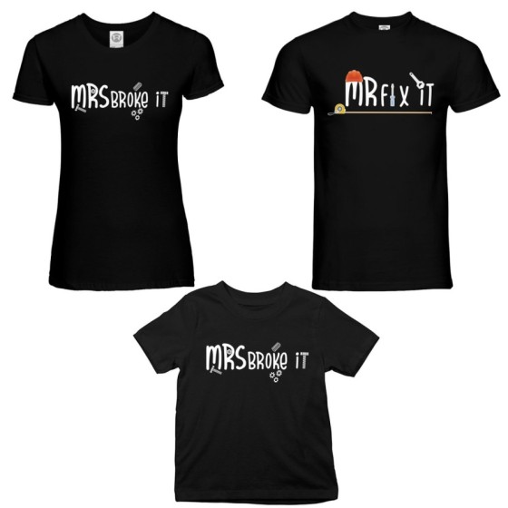 Tris t-shirt adulti bambino mr fix it mr broke it mrs broke it Per la famiglia 2