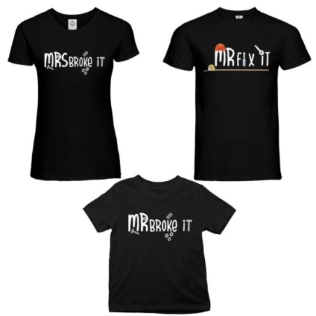 Tris t-shirt adulti bambino mr fix it mr broke it mrs broke it Per la famiglia