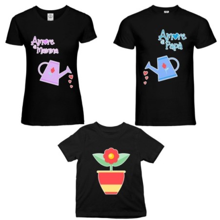 Tris t-shirt adulti bambino amore di papà annaffiatoio mamma annaffiatoio e fiorellino Per la famiglia