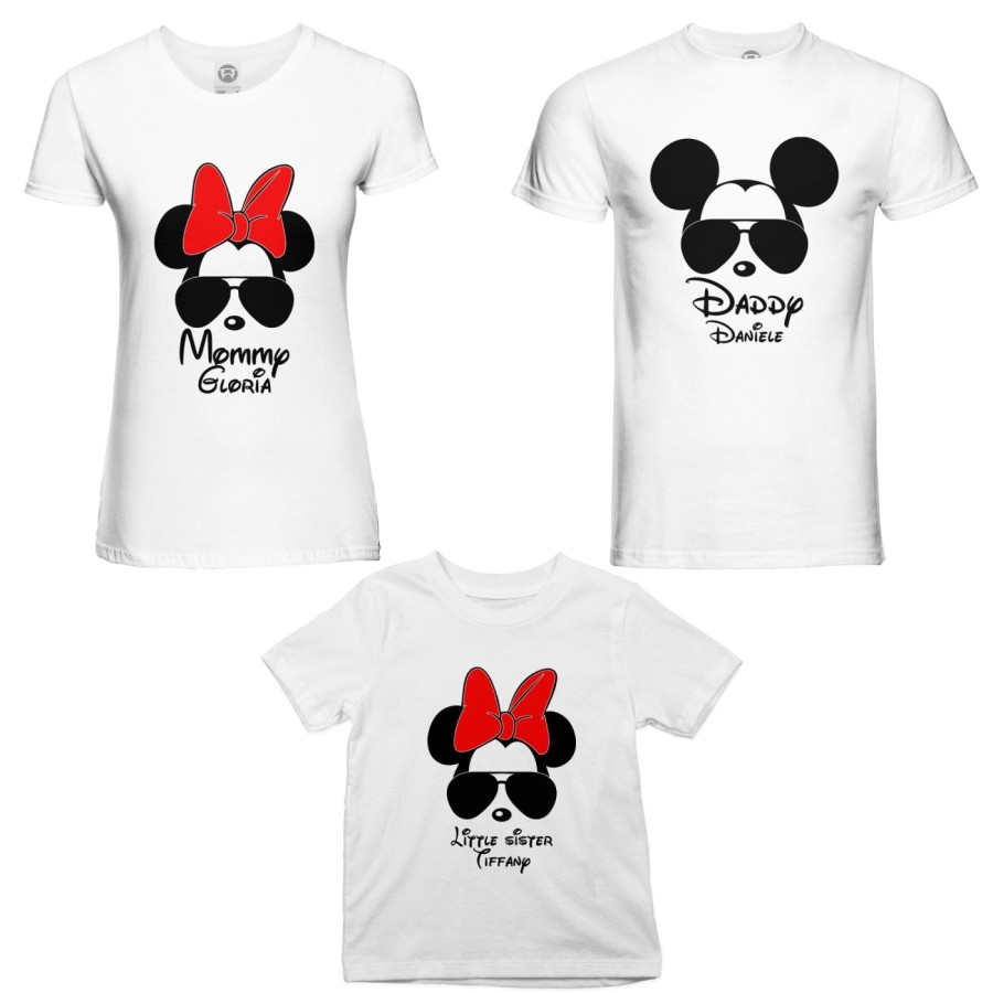 Tris t-shirt adulti bambino personalizzato con nome daddy mickey mommy minnie little sister minnie Per la famiglia
