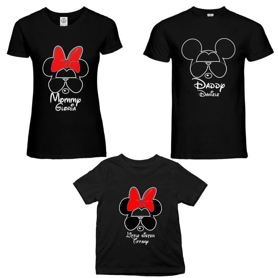 Tris t-shirt adulti bambino personalizzato con nome daddy mickey mommy minnie little sister minnie Per la famiglia