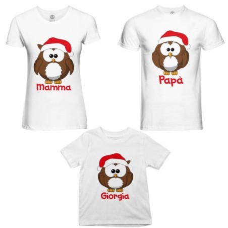 Tris t-shirt per la famiglia personalizzato con nome gufetti natalizi Natale