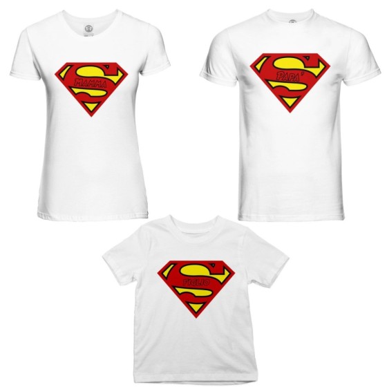 Tris t-shirt adulti bambino super papà super mamma super figlia super figlio Per la famiglia