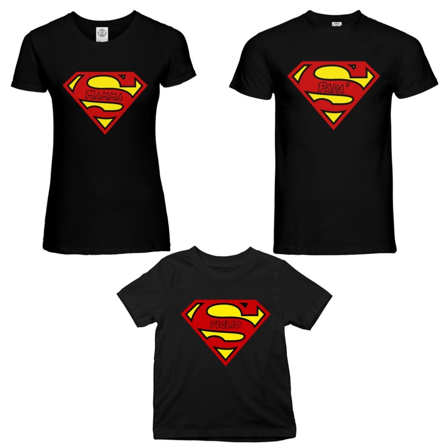 Tris t-shirt adulti bambino super papà super mamma super figlia super figlio Per la famiglia
