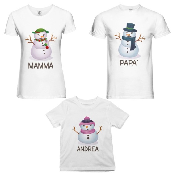 Tris t-shirt per la famiglia personalizzabile con nomi pupazzi di neve Natale 2