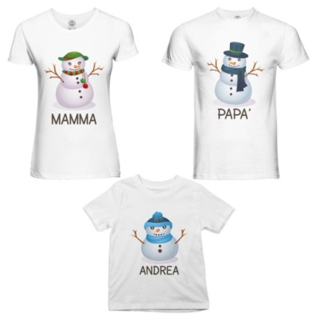 Tris t-shirt per la famiglia personalizzabile con nomi pupazzi di neve Natale