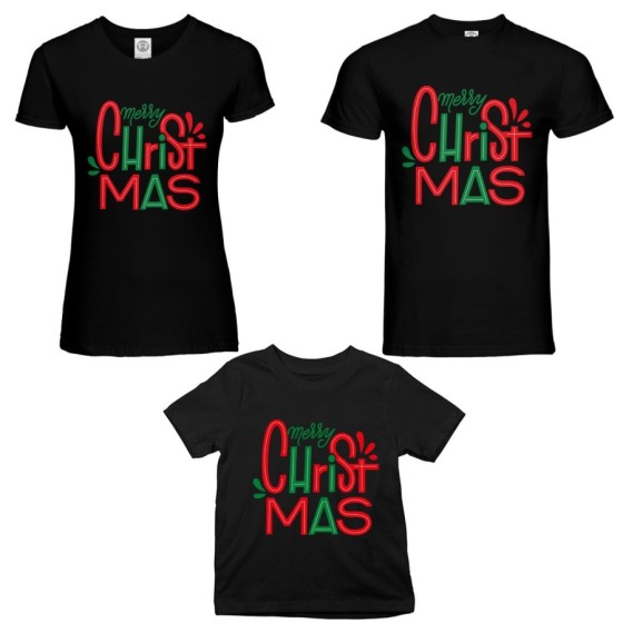 Tris t-shirt per la famiglia personalizzabile con nomi merry christmas colorful Natale