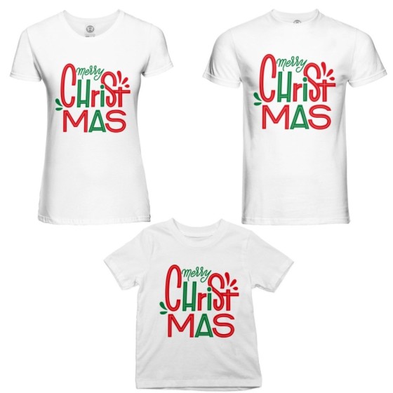 Tris t-shirt per la famiglia personalizzabile con nomi merry christmas colorful Natale 2