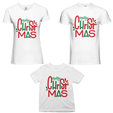 Tris t-shirt per la famiglia personalizzabile con nomi merry christmas colorful Natale
