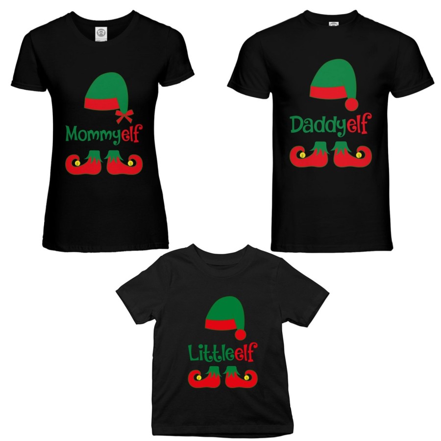 Tris t-shirt per la famiglia personalizzabile con nome daddy elf mommy elf little elf Natale