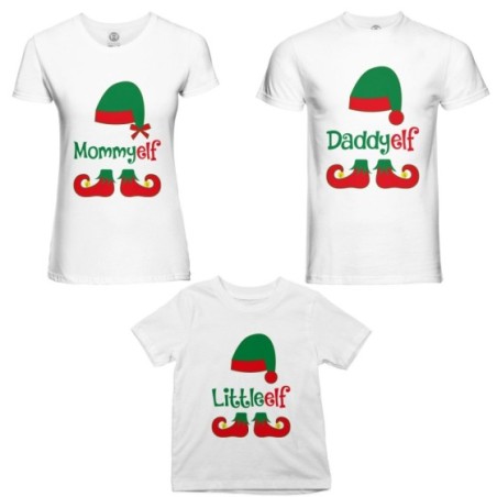 Tris t-shirt per la famiglia personalizzabile con nome daddy elf mommy elf little elf Natale
