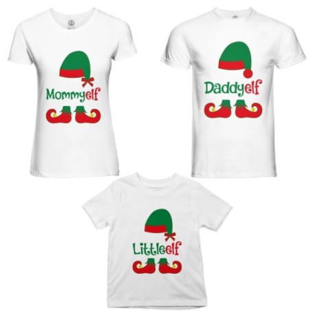 Tris t-shirt per la famiglia personalizzabile con nome daddy elf mommy elf little elf Natale