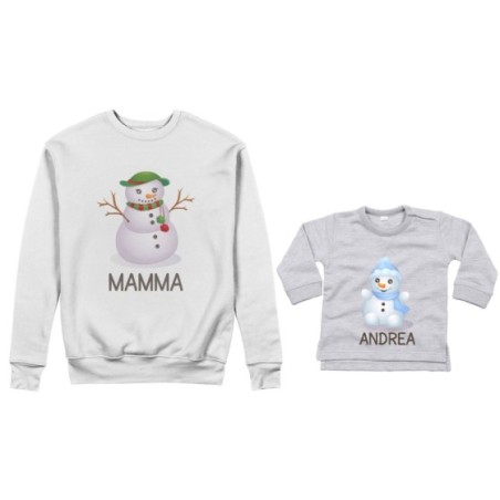 Coordinato felpe o body lupetto neonato madre figlio personalizzabile con nomi pupazzi di neve Natale