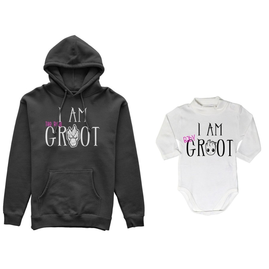 Coordinato felpe o body lupetto neonato madre figlio i am the real groot i am baby groot Per la mamma