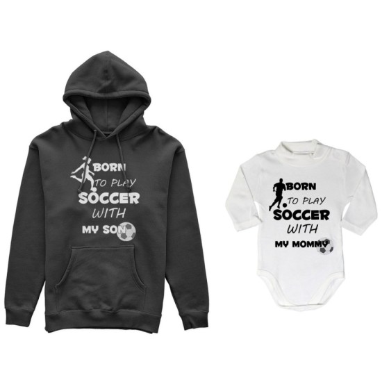 Coordinato felpe o body lupetto neonato madre figlio born to play soccer with my son my daughter Per la mamma