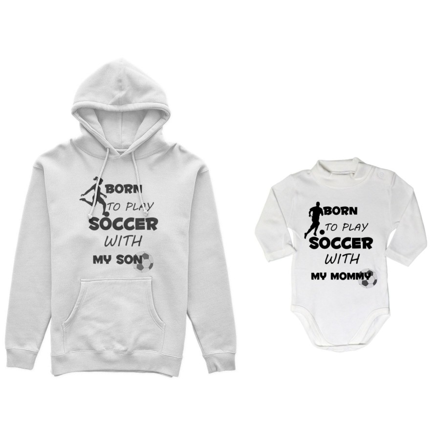 Coordinato felpe o body lupetto neonato madre figlio born to play soccer with my son my daughter Per la mamma
