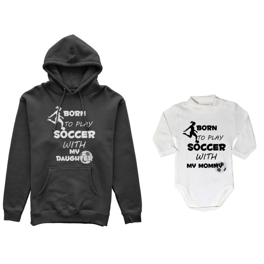 Coordinato felpe o body lupetto neonato madre figlio born to play soccer with my son my daughter Per la mamma