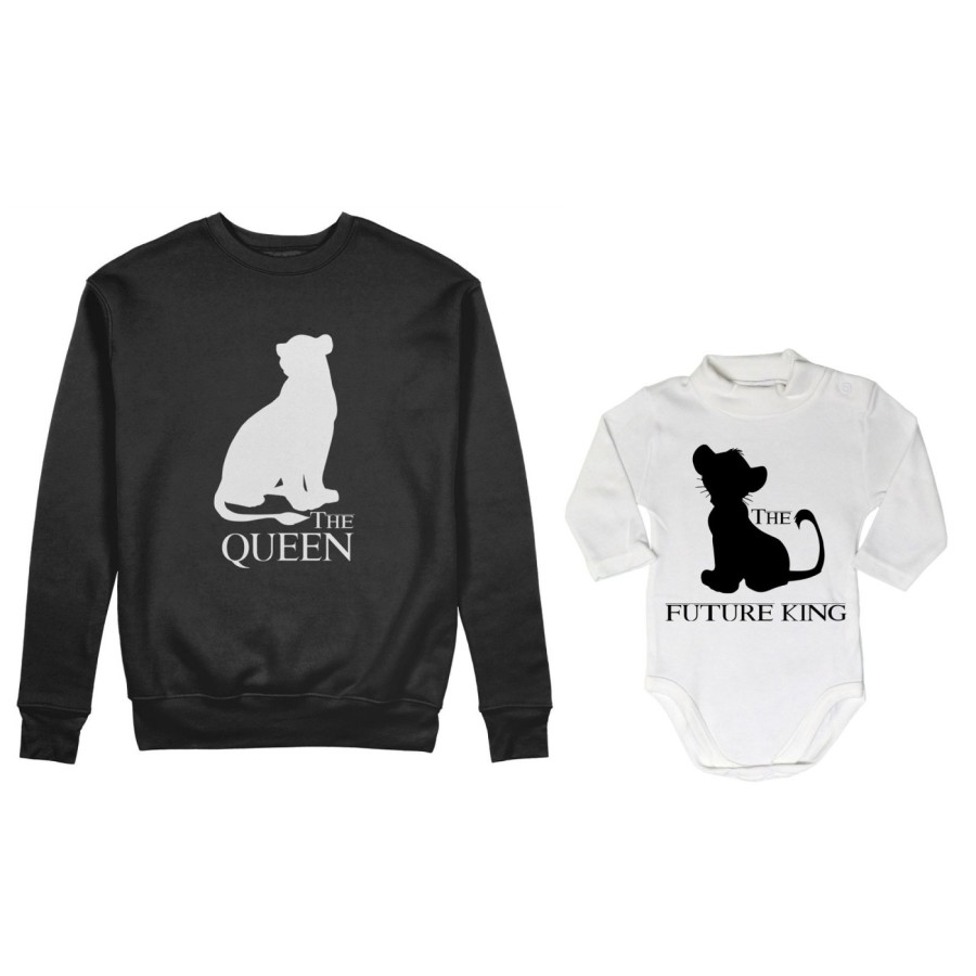 Coordinato felpe o body lupetto madre figlio the queen the future queen lion the future king lion Per la mamma