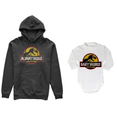 Coordinato felpe o body lupetto neonato madre figlio mommy saurus baby saurus jurassic Per la mamma