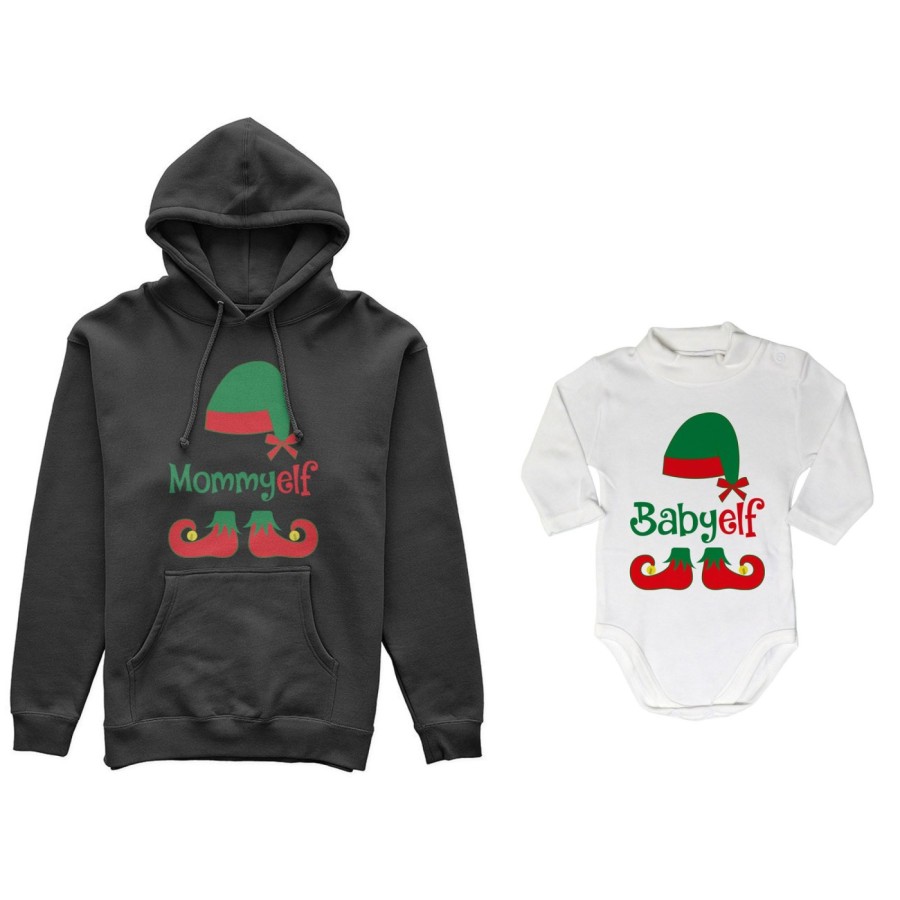 Coordinato felpe o body lupetto neonato madre figlio personalizzabile con nome mommy elf baby elf Natale