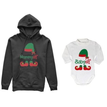 Coordinato felpe o body lupetto neonato madre figlio personalizzabile con nome mommy elf baby elf Natale