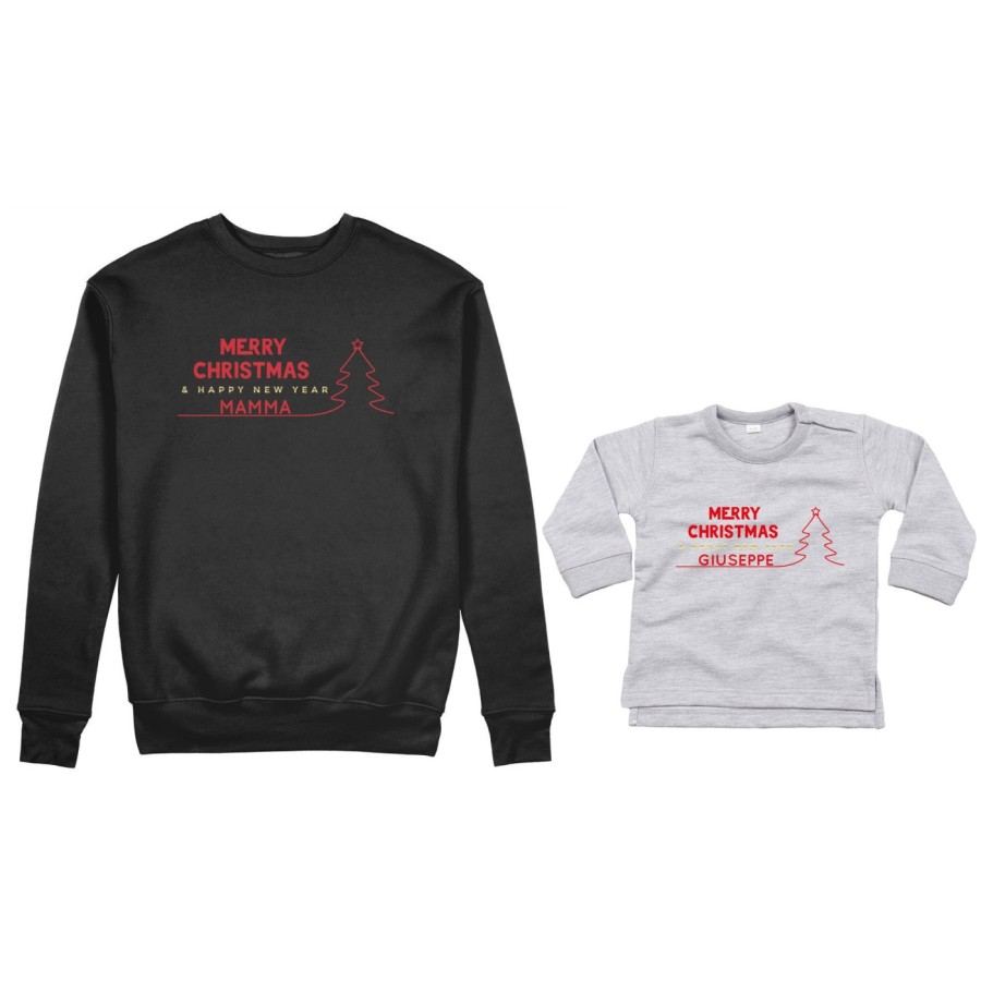 Coordinato felpe o body lupetto madre figlio personalizzato merry christmas and happy new year Natale