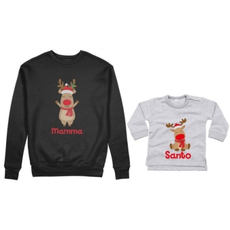Coordinato felpe o body lupetto neonato madre figlio personalizzabile con nome rudolph family Natale