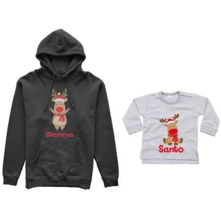 Coordinato felpe o body lupetto neonato madre figlio personalizzabile con nome rudolph family Natale