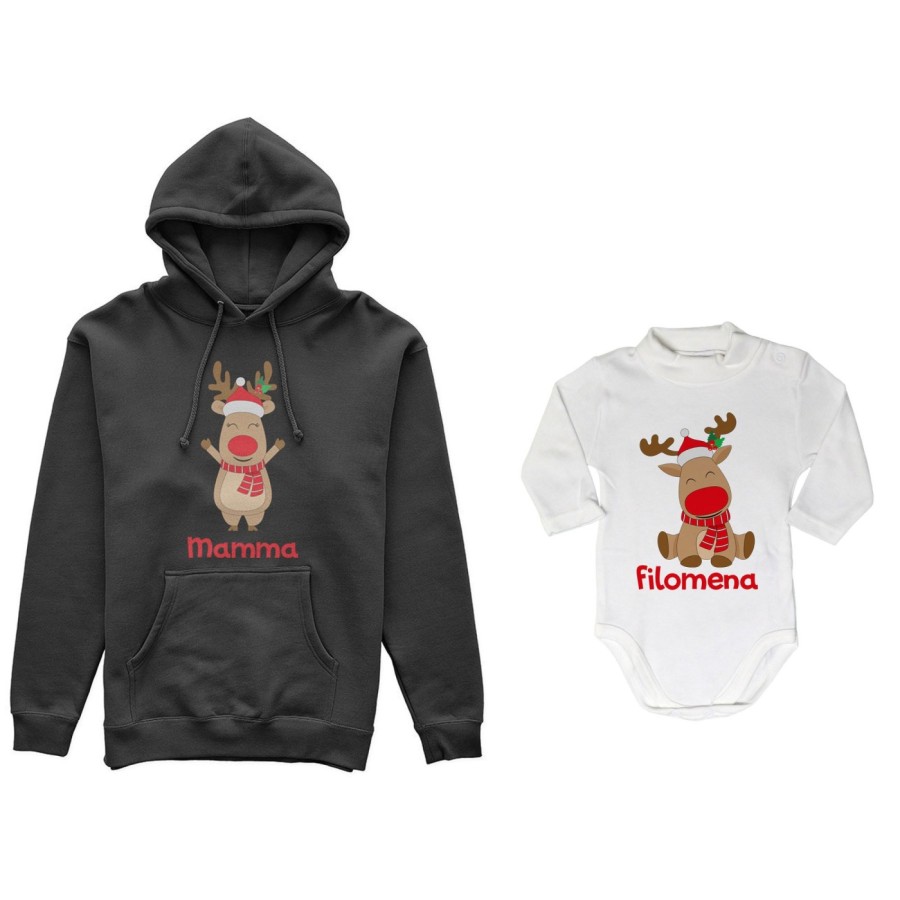 Coordinato felpe o body lupetto neonato madre figlio personalizzabile con nome rudolph family Natale