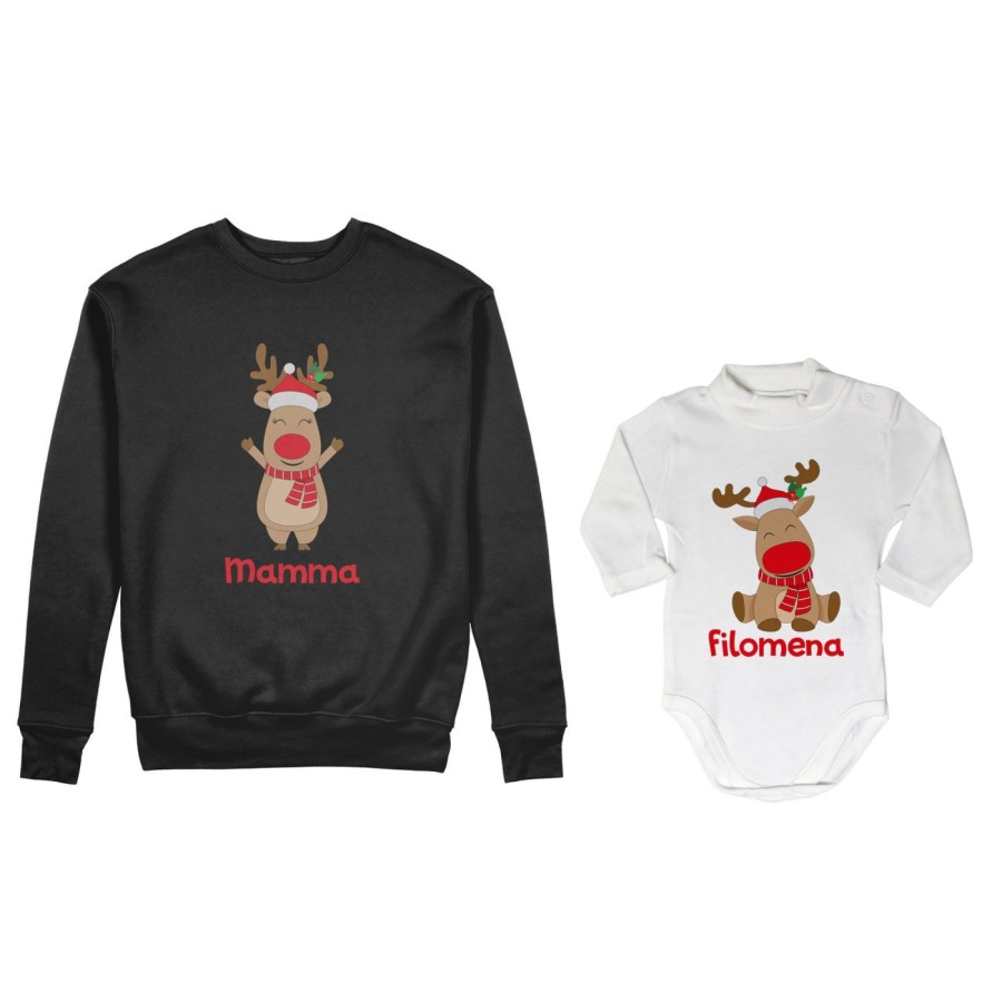 Coordinato felpe o body lupetto neonato madre figlio personalizzabile con nome rudolph family Natale