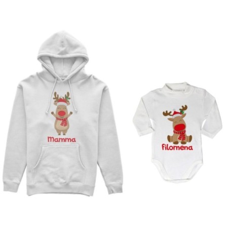 Coordinato felpe o body lupetto neonato madre figlio personalizzabile con nome rudolph family Natale