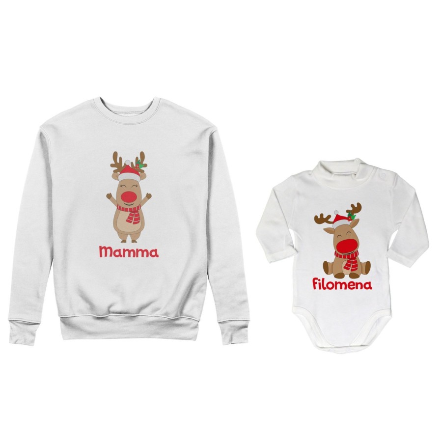 Coordinato felpe o body lupetto neonato madre figlio personalizzabile con nome rudolph family Natale