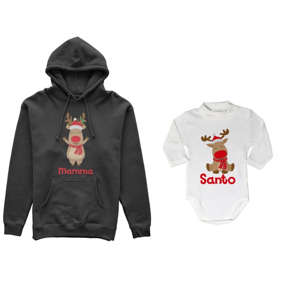 Coordinato felpe o body lupetto neonato madre figlio personalizzabile con nome rudolph family Natale