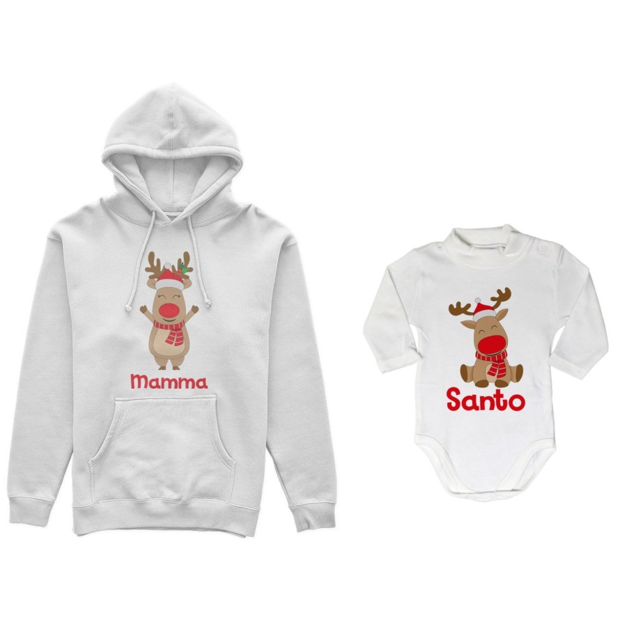 Coordinato felpe o body lupetto neonato madre figlio personalizzabile con nome rudolph family Natale