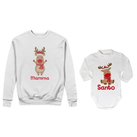 Coordinato felpe o body lupetto neonato madre figlio personalizzabile con nome rudolph family Natale