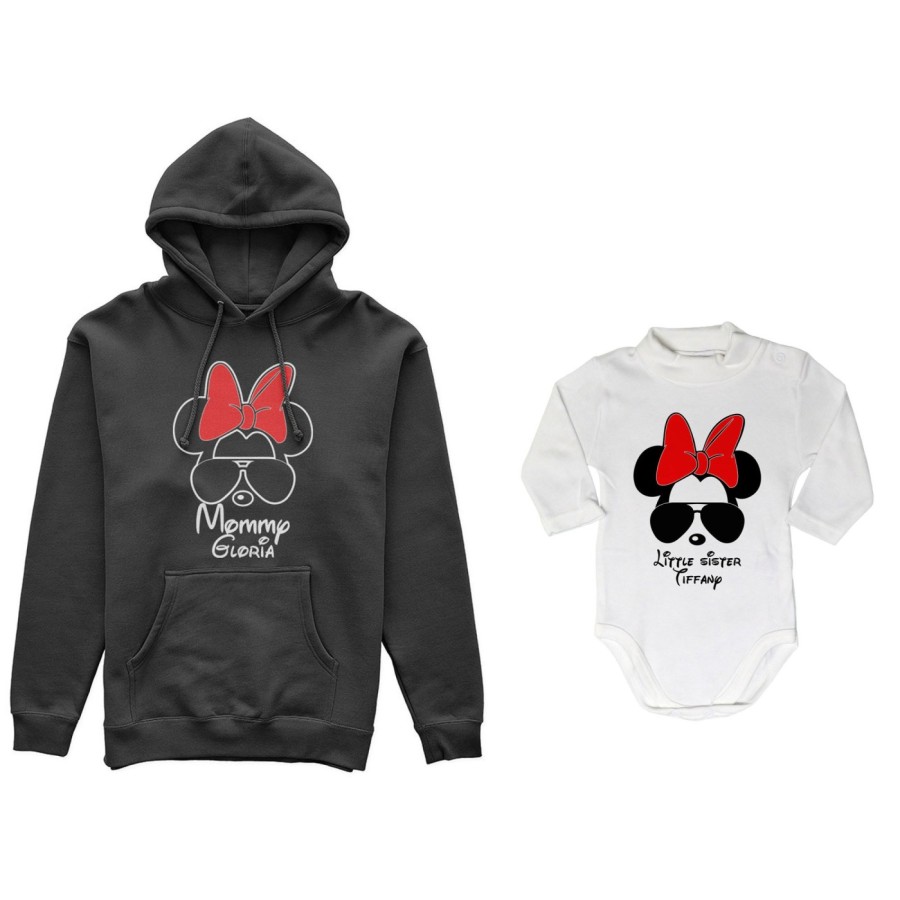 Coordinato felpe o body lupetto neonata madre figlia personalizzato mommy minnie baby sister minnie Per la mamma