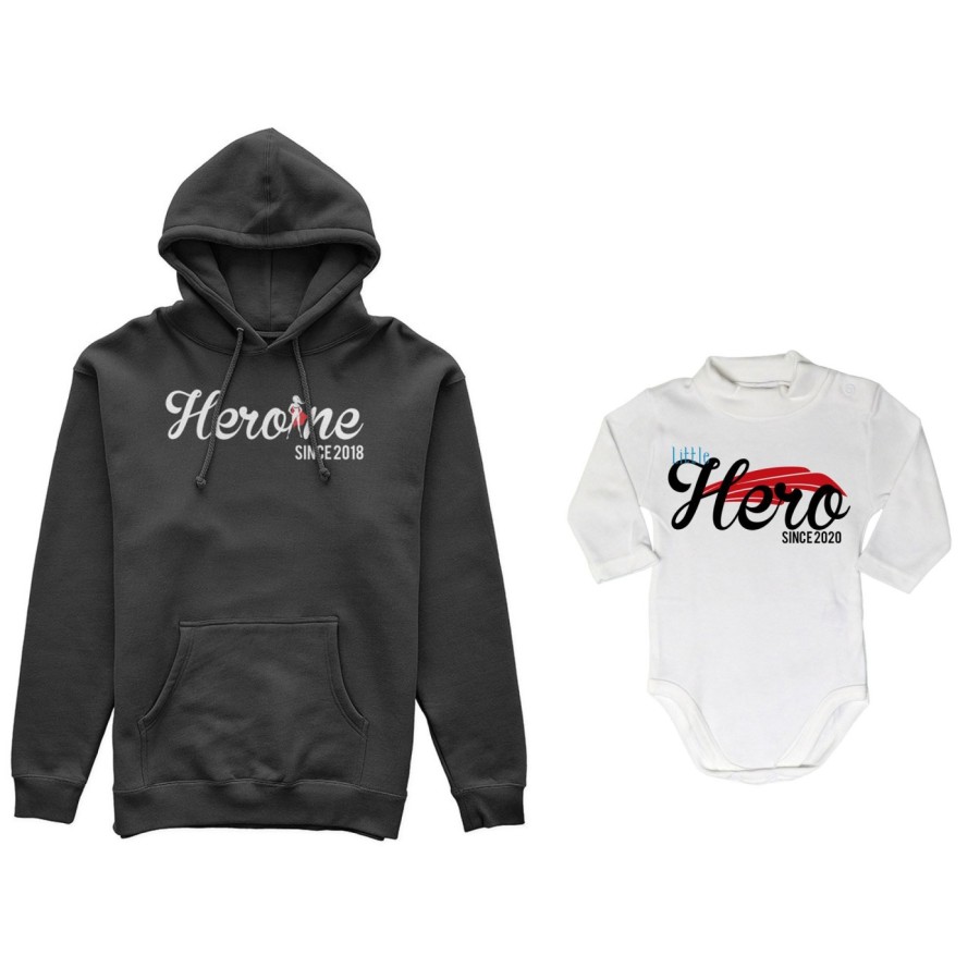 Coordinato felpe o body lupetto madre figlio personalizzato con anno heroine since little hero since Per la mamma