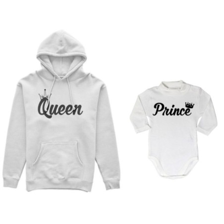 Coordinato felpe o body lupetto madre figlio personalizzabile con nomi queen con corona prince princess con corona Per la mamma