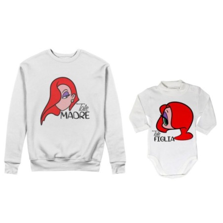 Coordinato felpe o body lupetto neonata madre figlia tale madre jessica rabbit tale figlia jessica rabbit Per la mamma