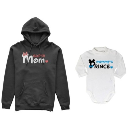 Coordinato felpe o body lupetto neonato madre figlio super mom mickey Per la mamma