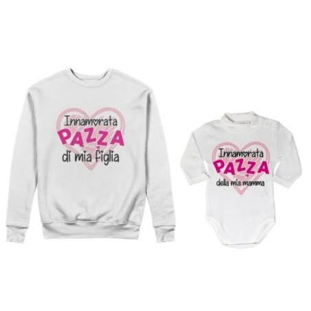 Coordinato felpe o body lupetto neonato madre figlio innamorata pazza di mio figlio mia figlia Per la mamma