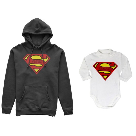 Coordinato felpe o body lupetto neonato madre figlio personalizzato con nomi superman Per la mamma