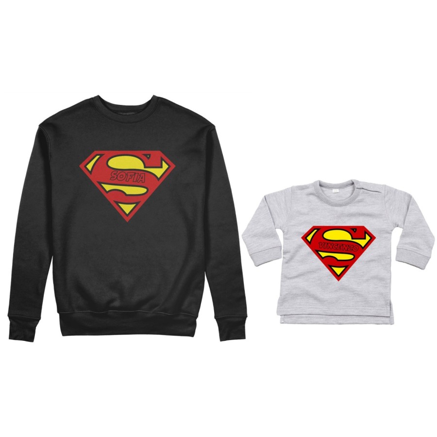 Coordinato felpe o body lupetto neonato madre figlio personalizzato con nomi superman Per la mamma