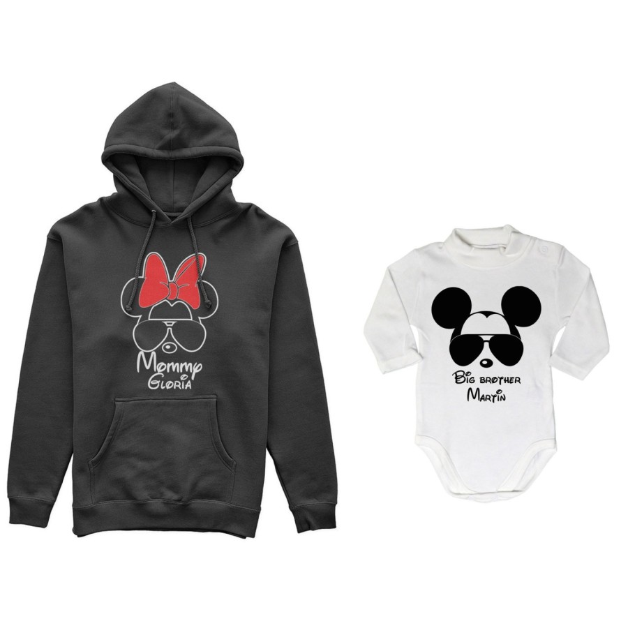 Coordinato felpe o body lupetto madre figlio personalizzato mommy minnie little brother mickey Per la mamma