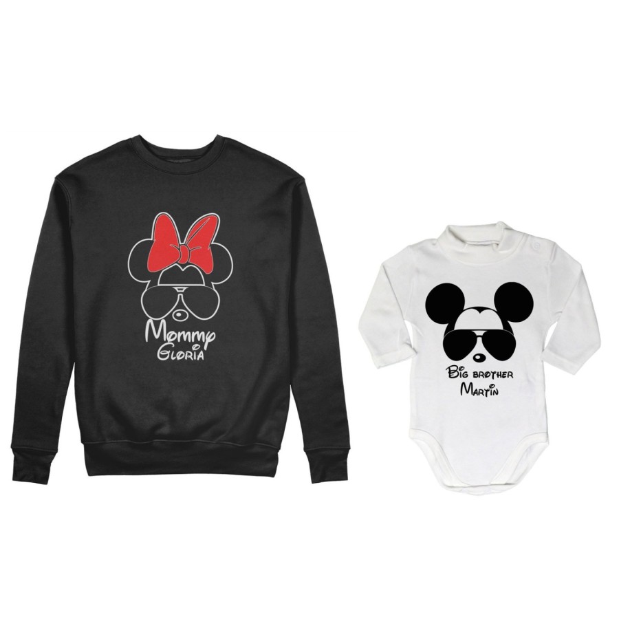 Coordinato felpe o body lupetto madre figlio personalizzato mommy minnie little brother mickey Per la mamma